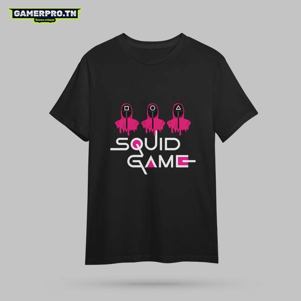 T-shirt Squid Game avec les gardes en rose et les symboles du jeu