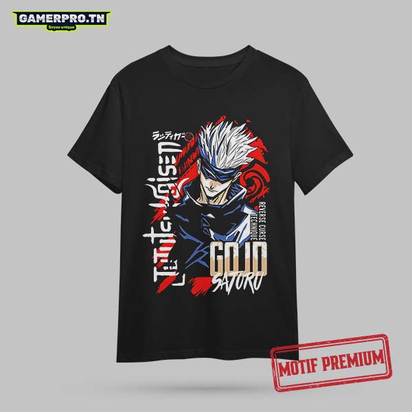 T-shirt Gojo Satoru homme femme enfant avec design imprimé du sorcier aux Six Yeux de Jujutsu Kaisen, bandeau noir et technique de l'Infini, modèle disponible en coupe simple ou oversize
