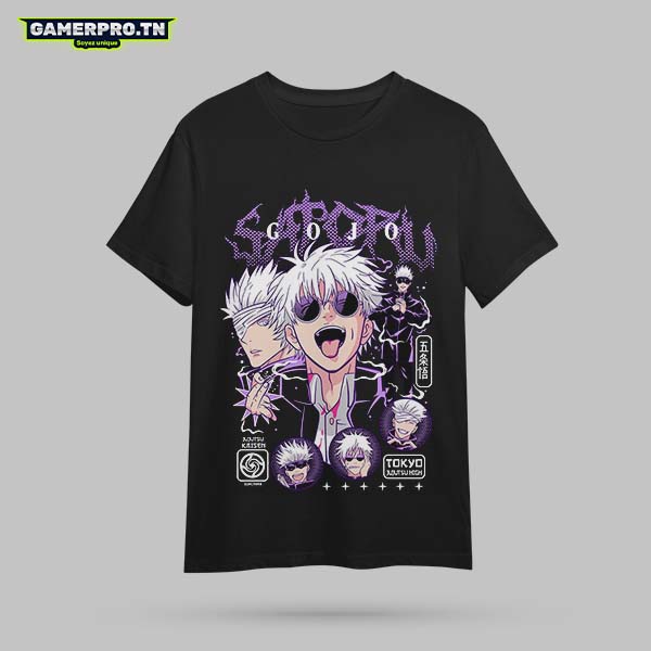 T-shirt Gojo Satoru homme femme enfant avec design imprimé du sorcier le plus puissant de Jujutsu Kaisen, modèle disponible en coupe simple ou oversize