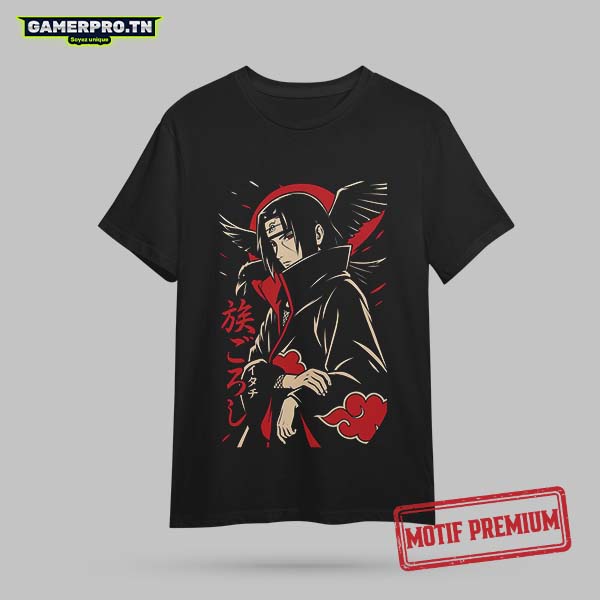 T-shirt Itachi Uchiha homme femme enfant avec design imprimé du génie tragique de Konoha, membre du clan Uchiha et de l'Akatsuki, modèle disponible en coupe simple ou oversize