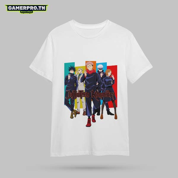 T-shirt Jujutsu Kaisen homme femme enfant avec design imprimé des personnages Itadori, Gojo, Fushiguro, Nanami et Nobara, modèle disponible en coupe simple ou oversize