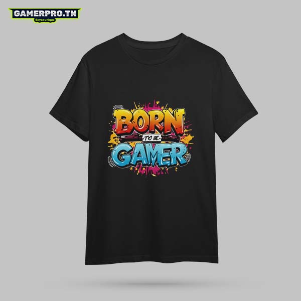 T-shirt Gamer noir avec inscription Born to Be a Gamer en style graphique percutant, design affirmé et identitaire