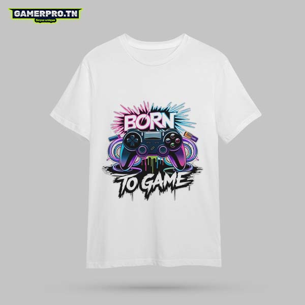 T-shirt Gamer blanc avec inscription Born to Game en style pastel graffiti, design doux et street art