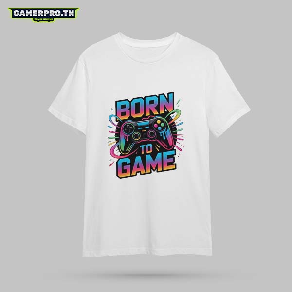 T-shirt Gamer homme avec inscription Born to Game en style rétro et colorful, design vintage et affirmé