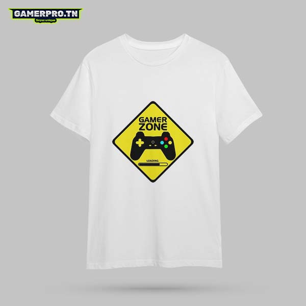 T-shirt Gamer blanc avec triangle de danger et warning sign, design avertissement style sécurité et gaming
