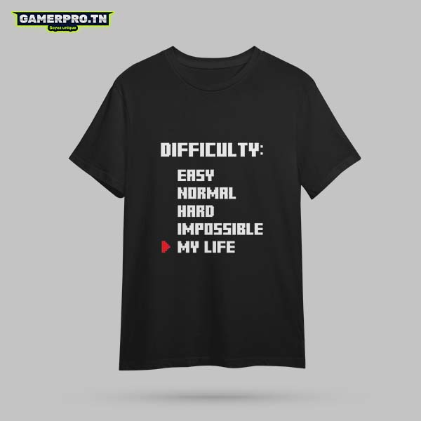 T-shirt Gamer noir avec checklist Difficulty Level My Life, design humoristique et style to-do list gaming