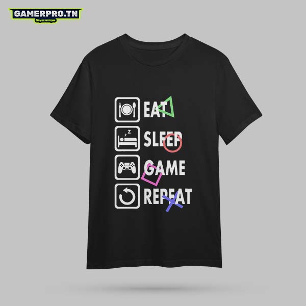 T-shirt Gamer noir avec liste de checklist Eat Sleep Game Repeat, design humoristique et style to-do list