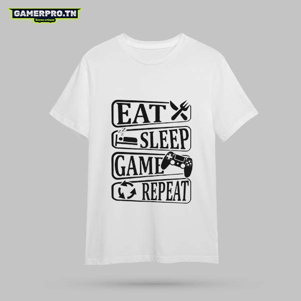 T-shirt Gamer blanc avec inscription Eat Sleep Game Repeat en style food / typographie gourmande, design humoristique et original