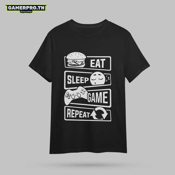 T-shirt Gamer noir avec manette de jeu et inscription Eat Sleep Game Repeat, design humoristique et lifestyle gamer