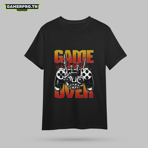 T-shirt Gamer noir avec manette colorful et inscription Game Never Over, design optimiste et énergique