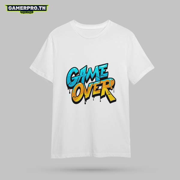 T-shirt Gamer blanc avec inscription Game Over en style graffiti coloré, design urbain et artistique