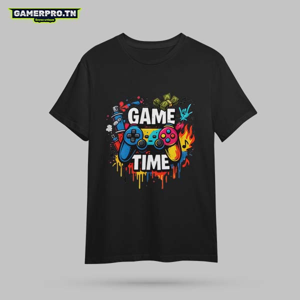 T-shirt Gamer noir avec un personnage en action sur fond colorful, inscription Game Time, design dynamique et énergique