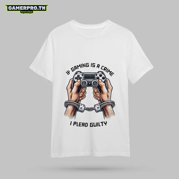 T-shirt Gamer blanc avec un panneau de signalisation warning sign et l'inscription I plead guilty, design humoristique et coupable