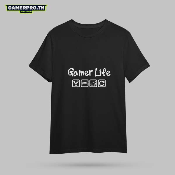 T-shirt Gamer noir avec l'inscription typographique Gamer Life Choose, design épuré et premium