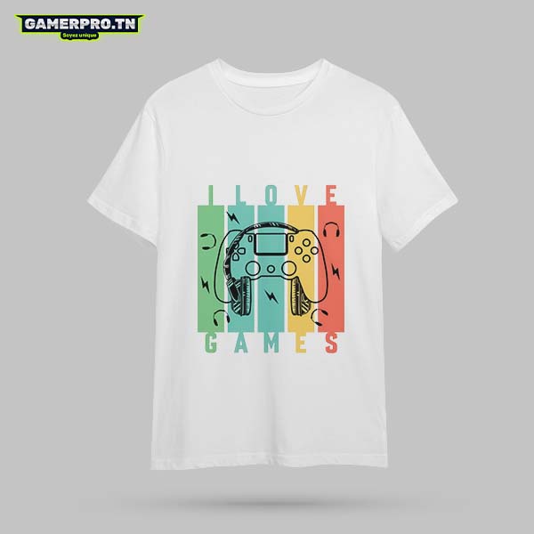 T-shirt Gamer blanc avec une manette de jeu en aquarelle aux couleurs vives, style watercolor artistique et tendance