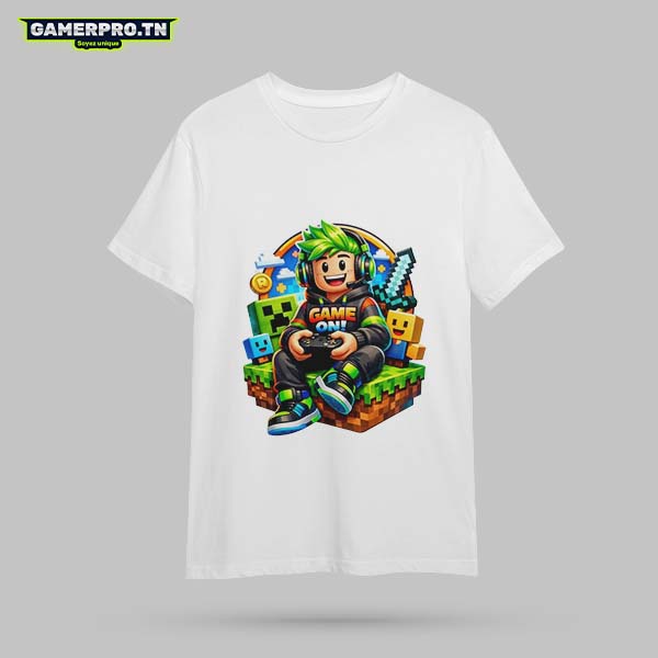 T-shirt Gamer blanc avec un personnage inspiré de Mario tenant une manette de jeu colorée, style rétro et fun
