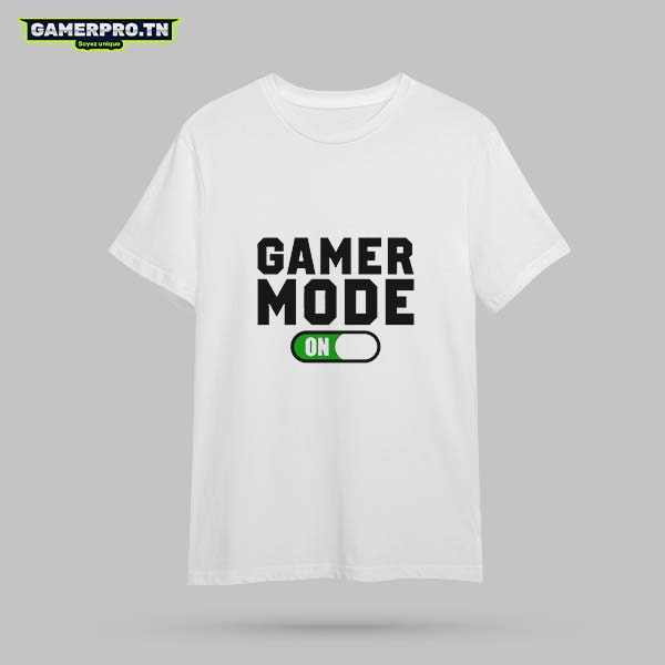 T-shirt Gamer Mode On Switch blanc avec un bouton de manette Nintendo Switch et l’inscription Mode On