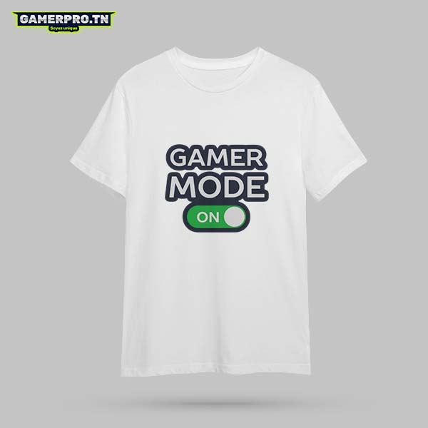 T-shirt Gamer Mode On Switch blanc style minimal avec une manette de console et l’inscription Mode On