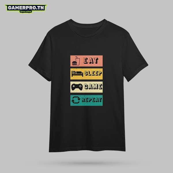 T-shirt Gamer noir avec stats pixel art et inscription Level Up, design rétro et gaming vintage