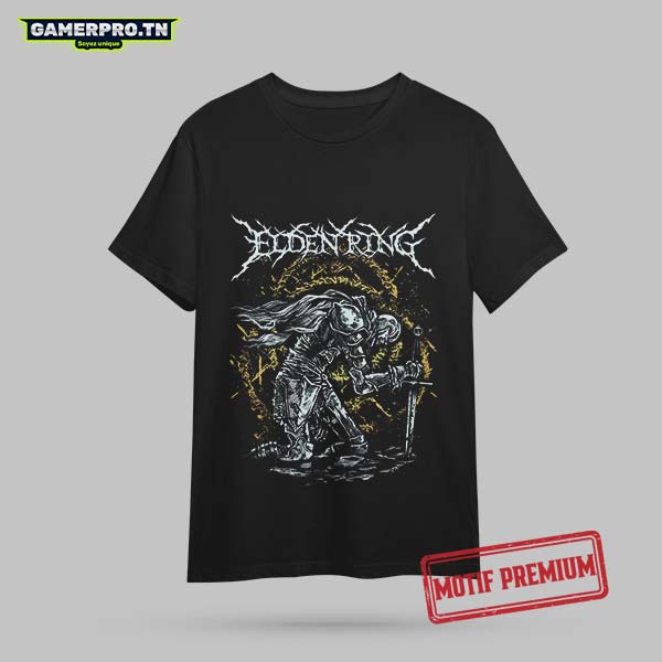T-shirt Elden Ring noir imprimé motif personnage jeu vidéo col rond homme