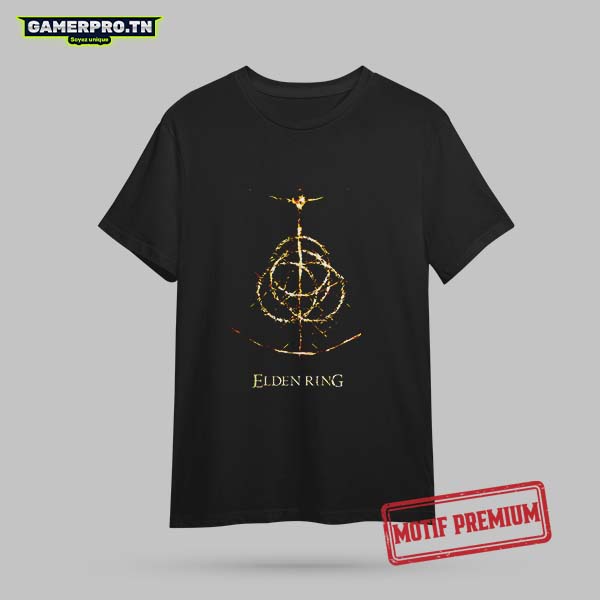 T-shirt Elden Ring noir imprimé motif doré – tee shirt gaming Tunisie