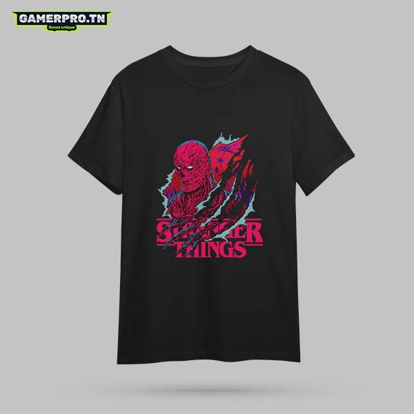 T-shirt Stranger Things noir avec Demogorgon rouge design rétro